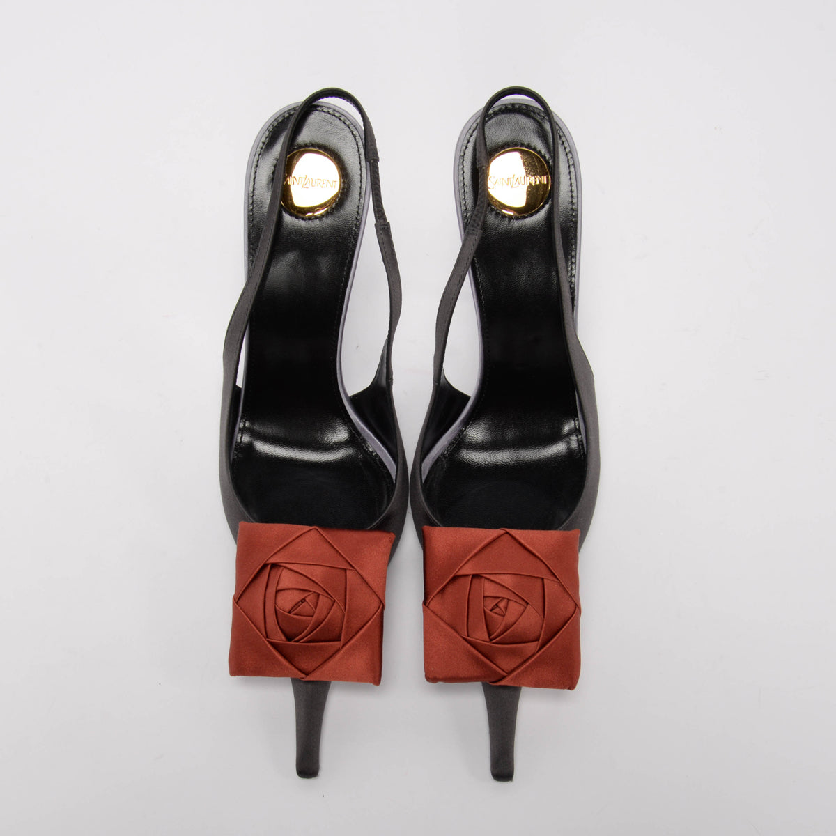 Saint Laurent Charcoal Satin Crepe Amalia Embellished Slingback Pumps 41