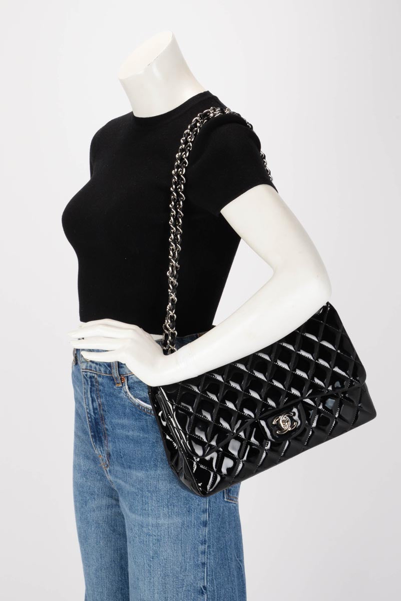 Chanel Black Quilted Patent Large Double Flap Bag