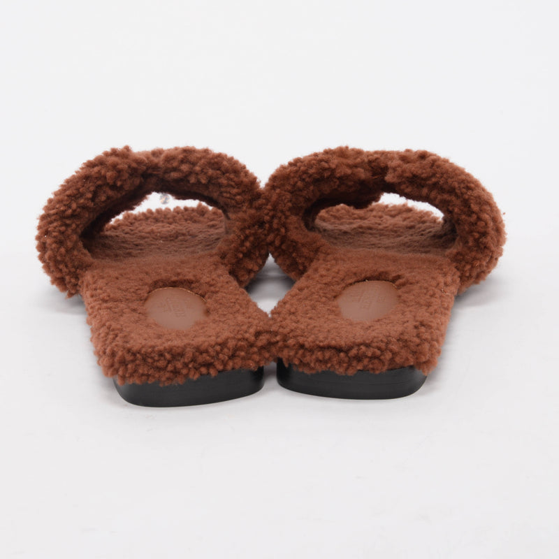 Hermes Brown Shearling Oran Sandals 37.5 - Blue Spinach