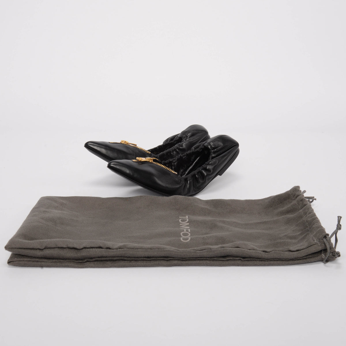 Tom Ford Black Leather Zip-Front Ballerina Flats 37