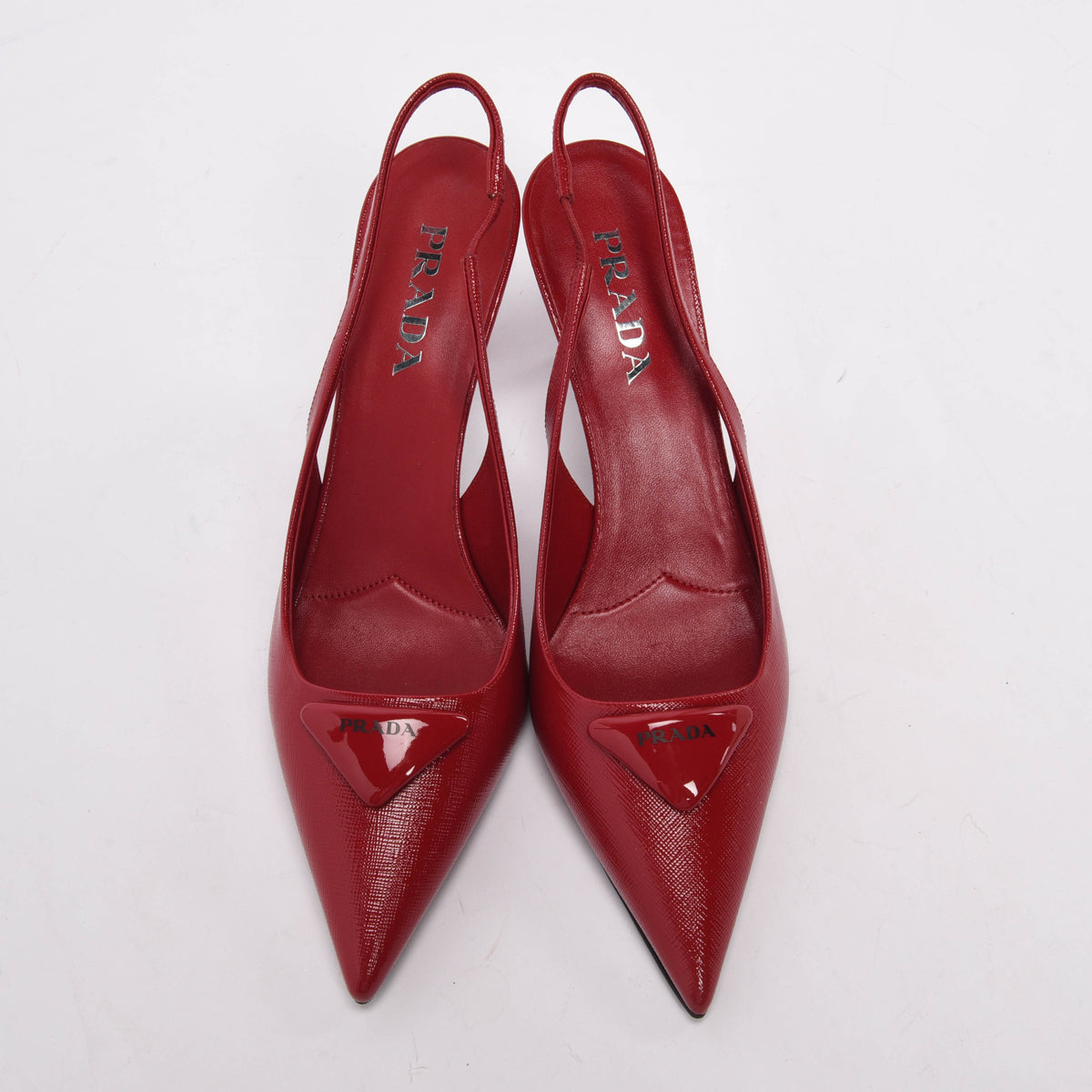 Prada Red Patent Saffiano Logo Slingback Pumps 40