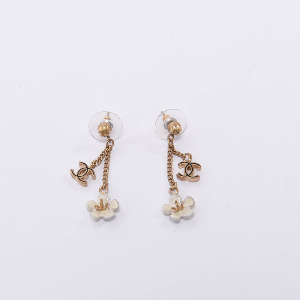 Chanel Light Gold Resin Flower CC Earrings