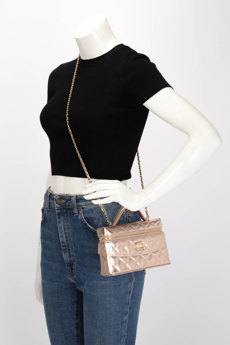 Chanel Rose Gold Quilted Caviar Top Handle Slim Vanity Case