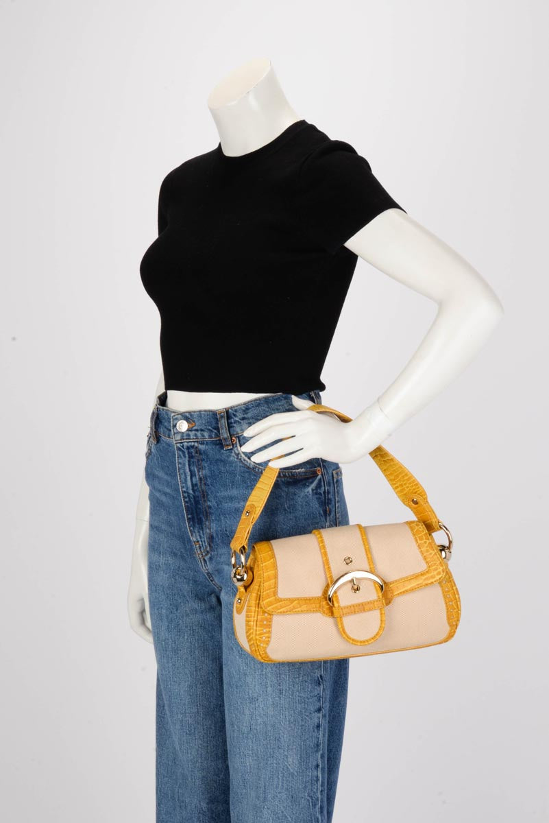 Celine Vintage Yellow Canvas Moc Croc Shoulder Bag