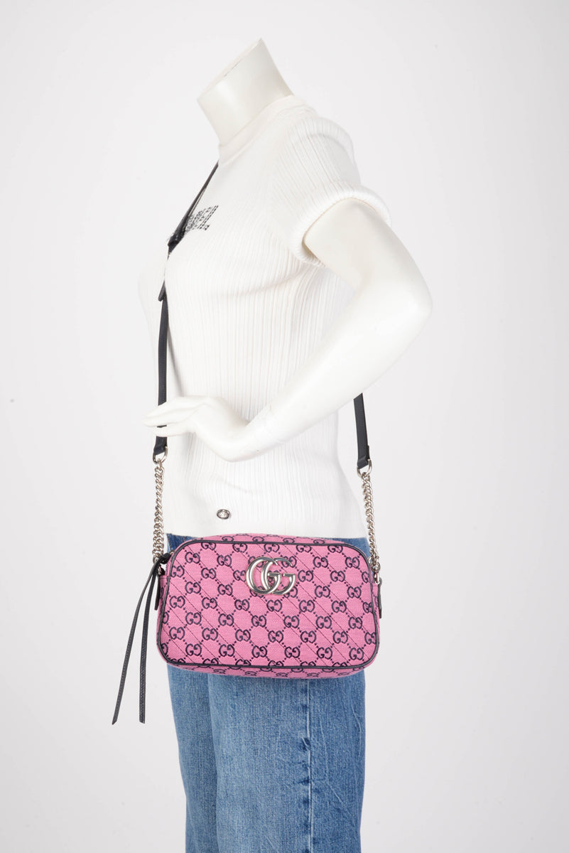 Gucci Pink & Navy GG Canvas Small Marmont Bag