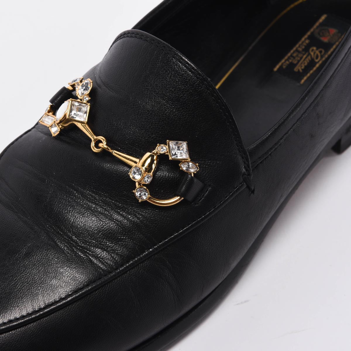 Gucci Black Malaga Kid Jordaan Crystal Horsebit Loafers 38