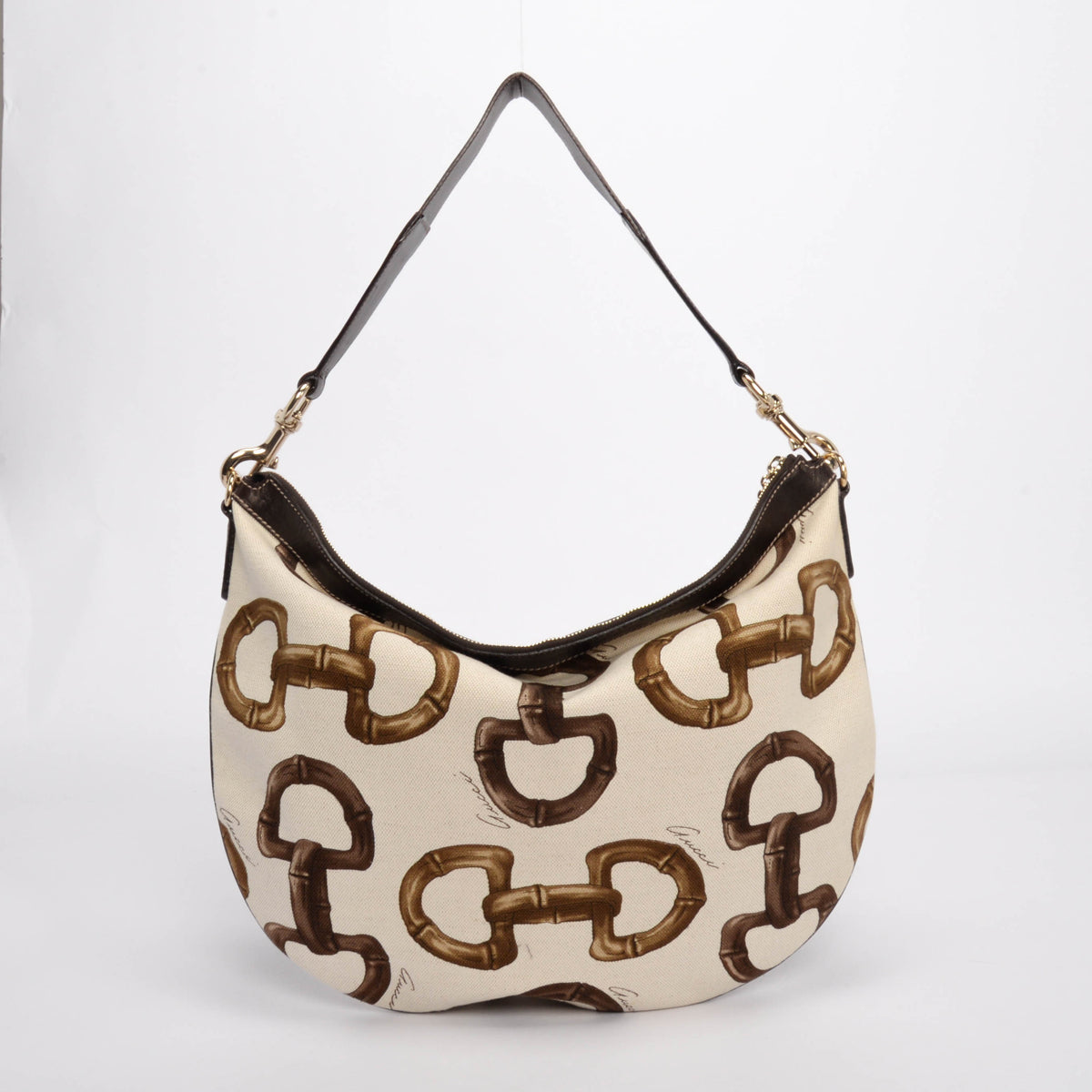 Gucci Brown Bamboo Horsebit Canvas Hobo Bag