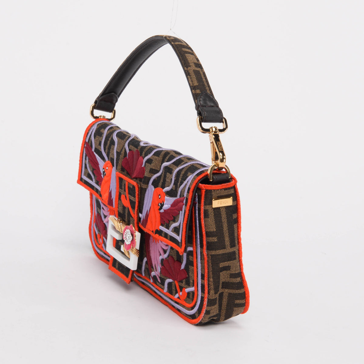 Fendi Multi Colour Zucca Canvas Embroidered Parrots Baguette