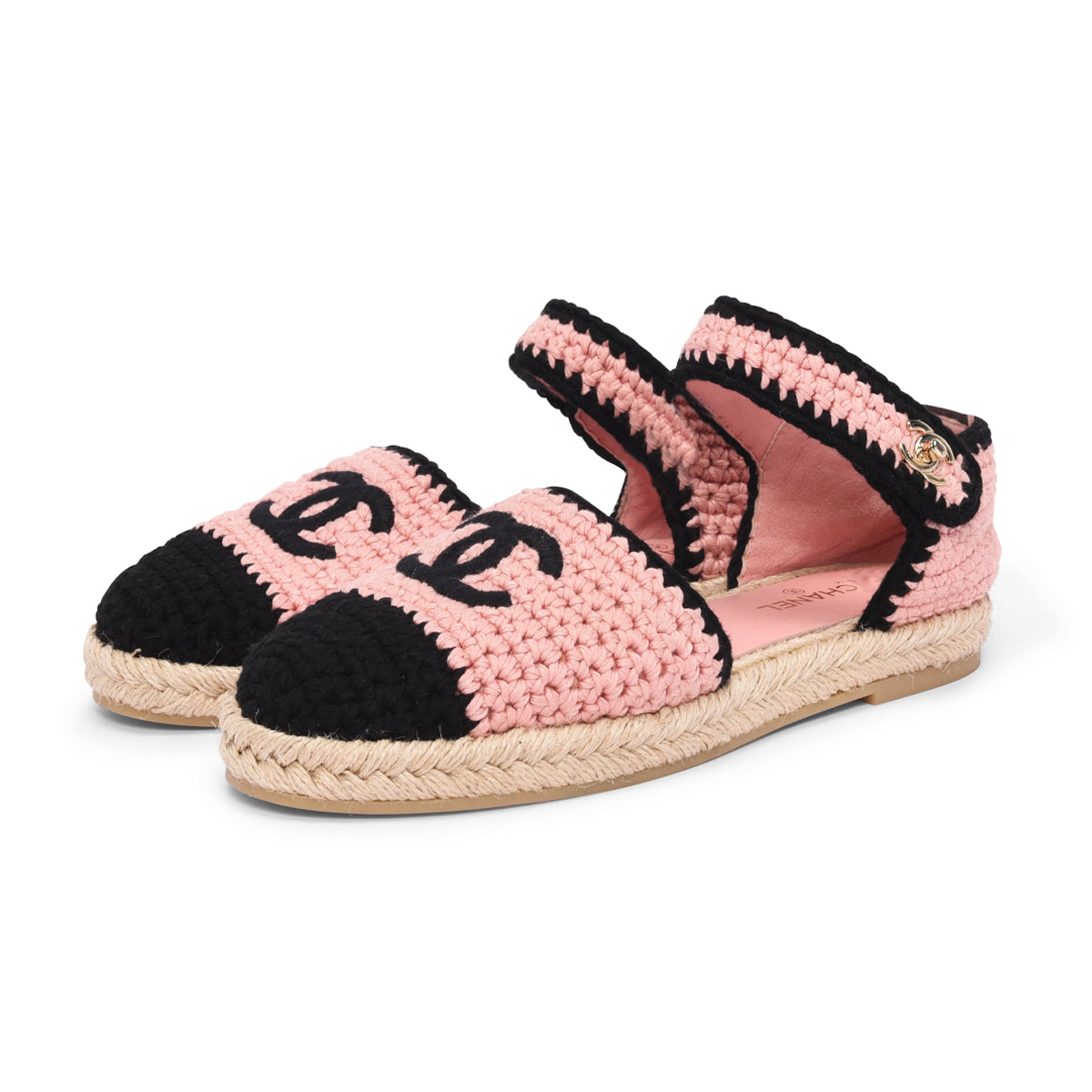 Chanel Pink & Black Crochet Knit CC Espadrilles 38.5