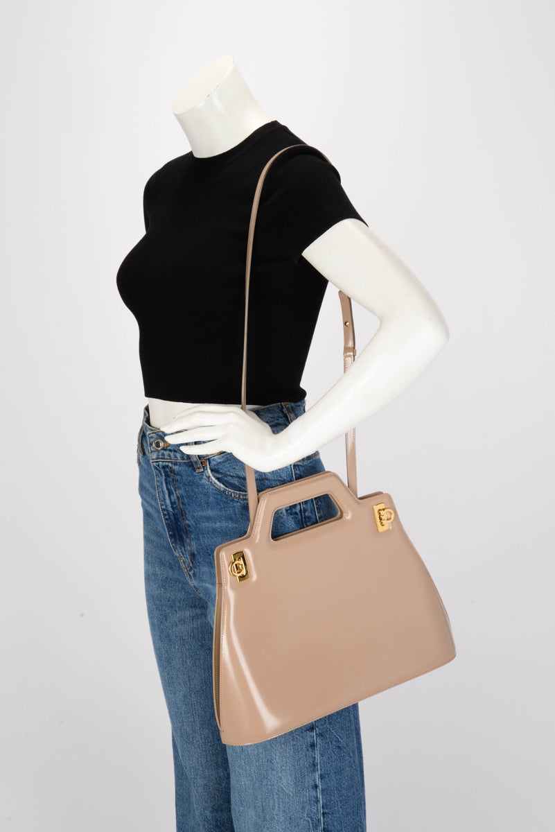 Ferragamo Beige Hi-Shine Wanda Top Handle Bag
