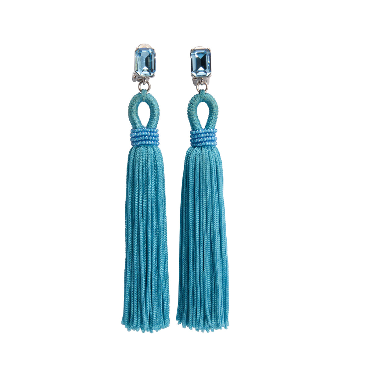 Oscar de la Renta Blue Crystal Tassel Clip On Earrings