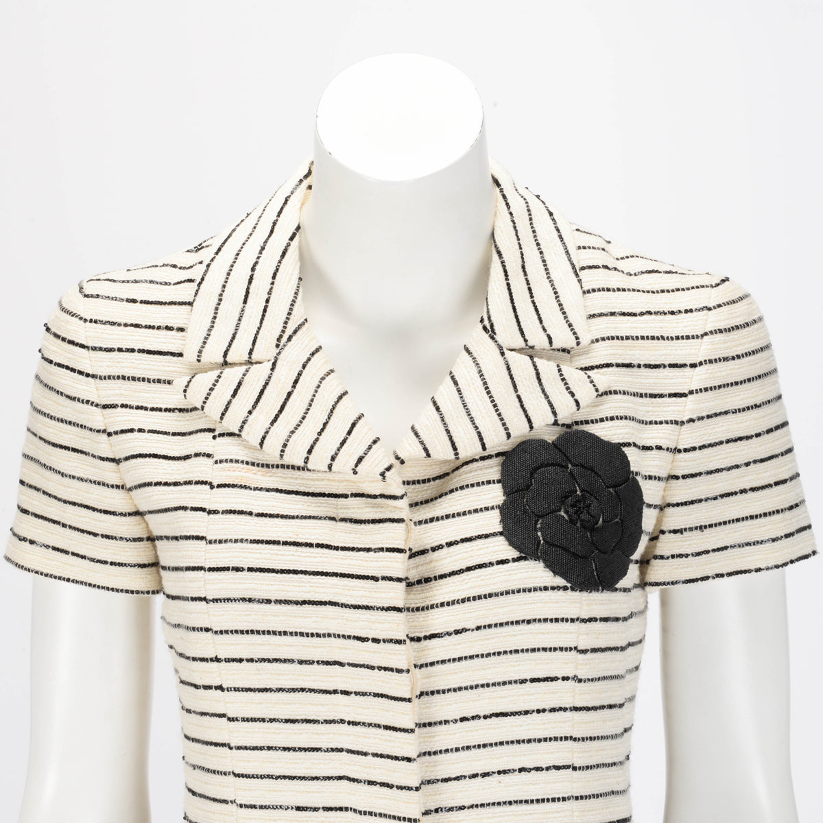 Chanel Black & Cream Striped Camellia Applique Dress FR 38