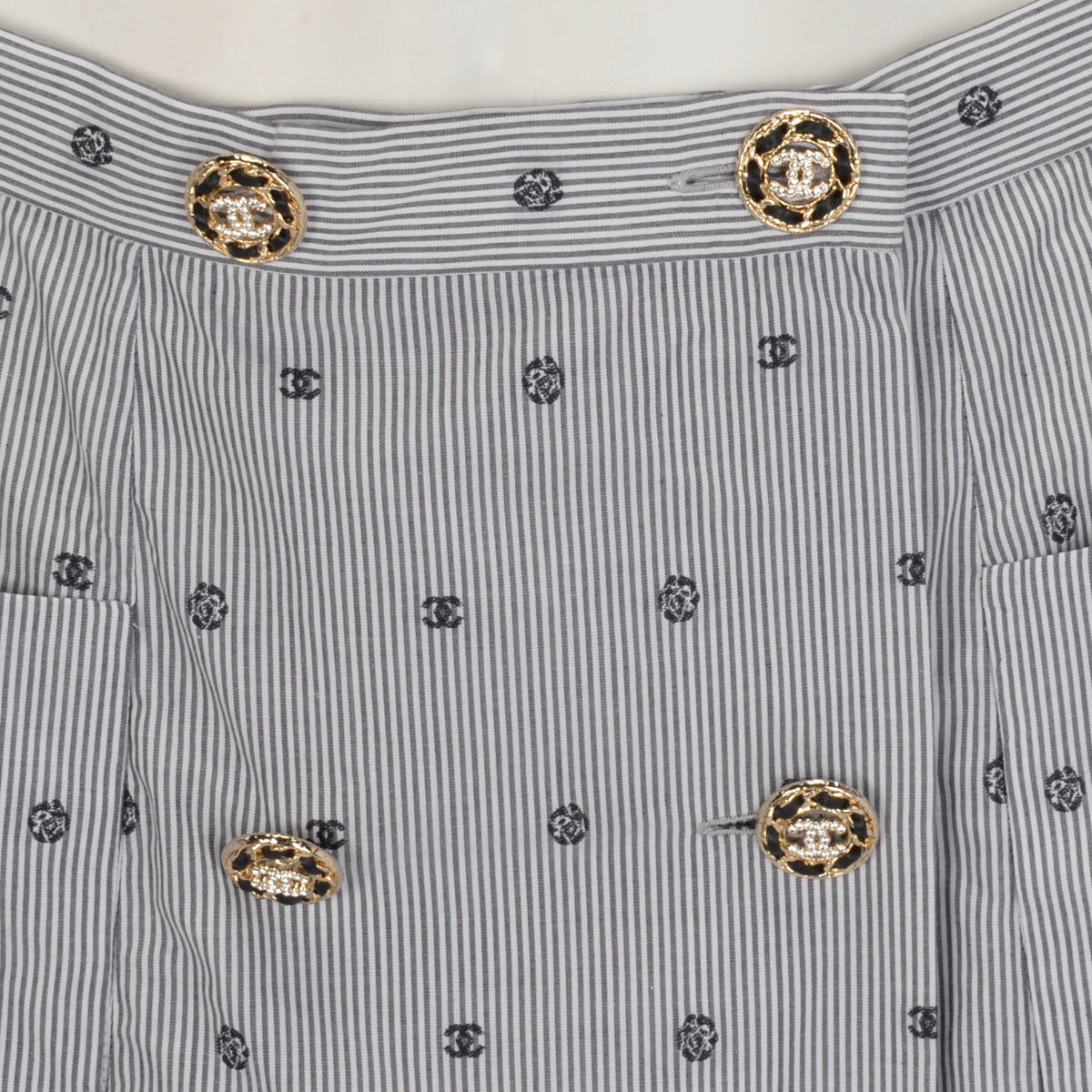 Chanel Blue Cotton CC Camelia Pinstripe Wrap Skirt