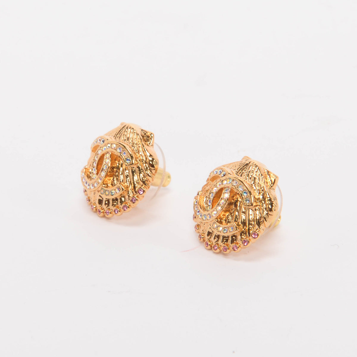 Chanel Gold Crystal CC Shell Earrings