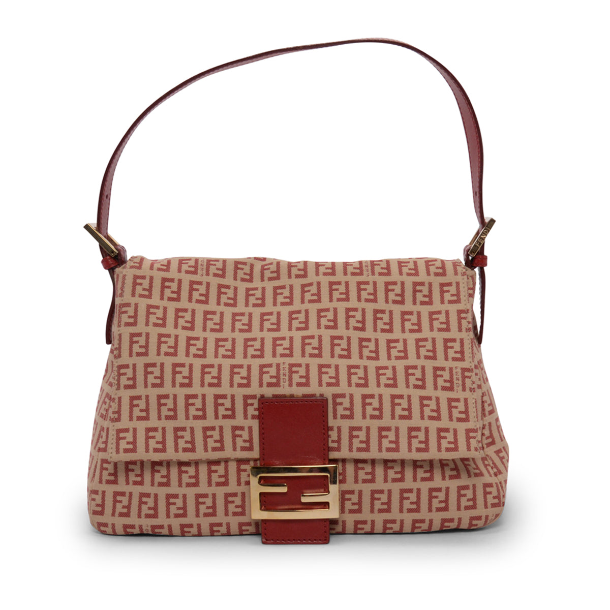 Fendi Beige & Red Zucchino Canvas Mamma Baguette Bag