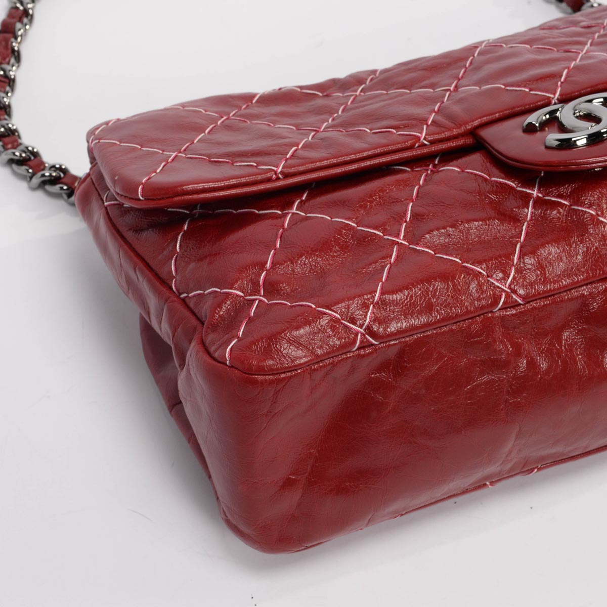 Chanel Dark Red Glazed Goatskin Double Stitch Flap Bag