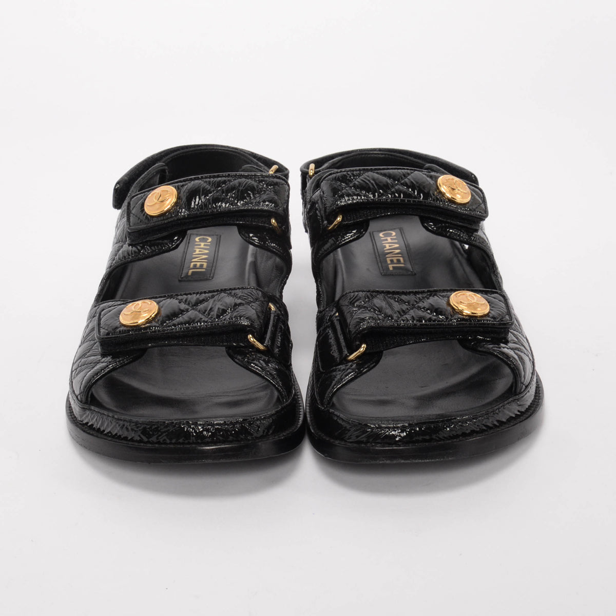 Chanel Black Crinkled Patent Dad Sandals 41.5