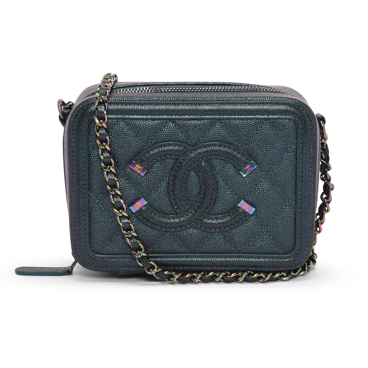 Chanel Dark Turquoise Iridescent Caviar CC Filigree Vanity with Chain