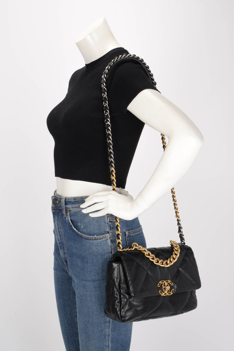 Chanel Black Quilted Goatskin Medium 19 Flap Bag
