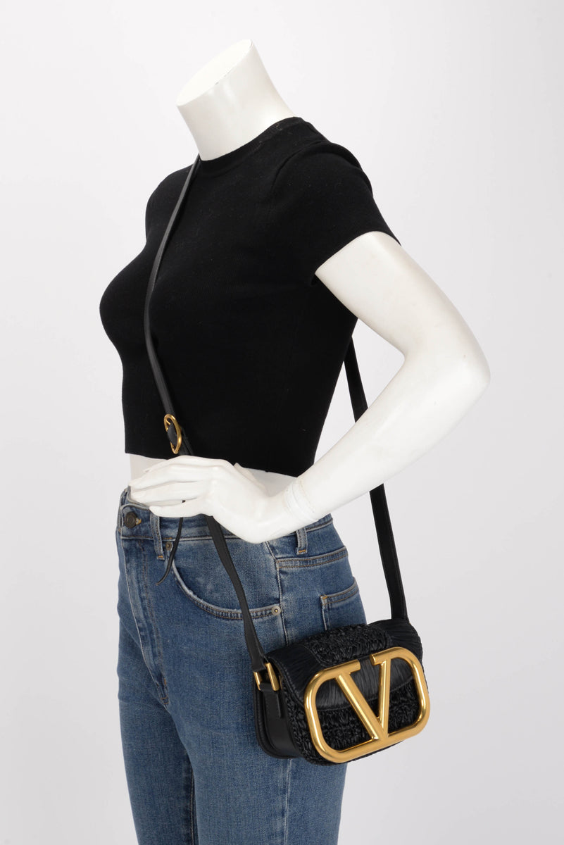Valentino Black Raffia Small Braided Supervee Bag