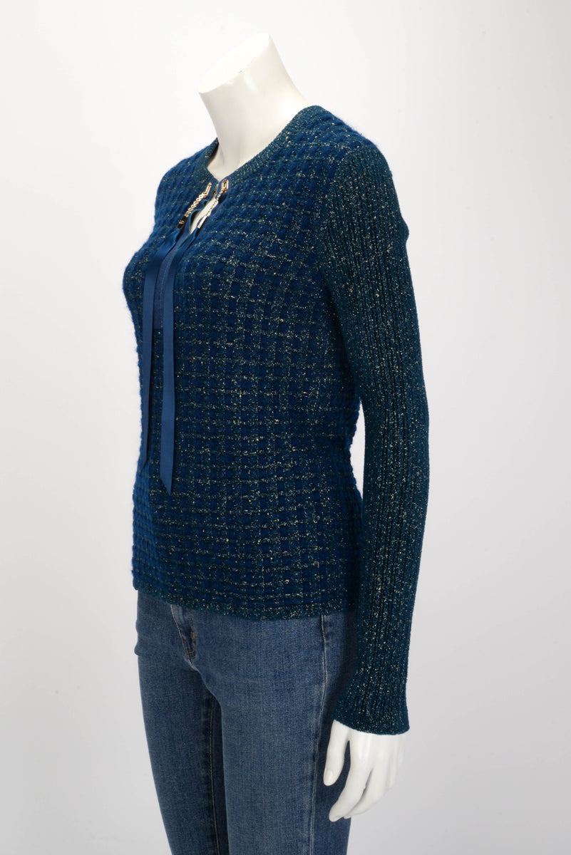 Chanel Blue & Gold Lurex Knit Chain Drawstring Sweater FR 38