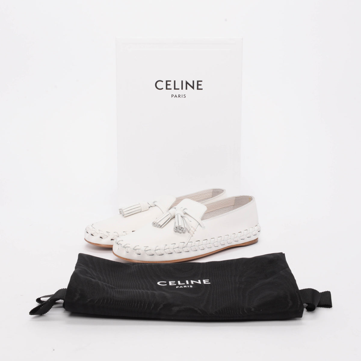 Celine White Calfskin Marlou Tassel Loafers 37