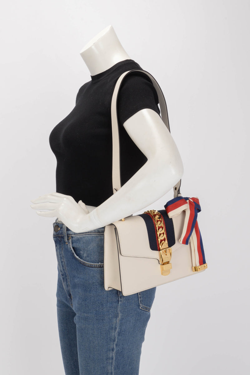 Gucci White Calfskin Small Sylvie Shoulder Bag