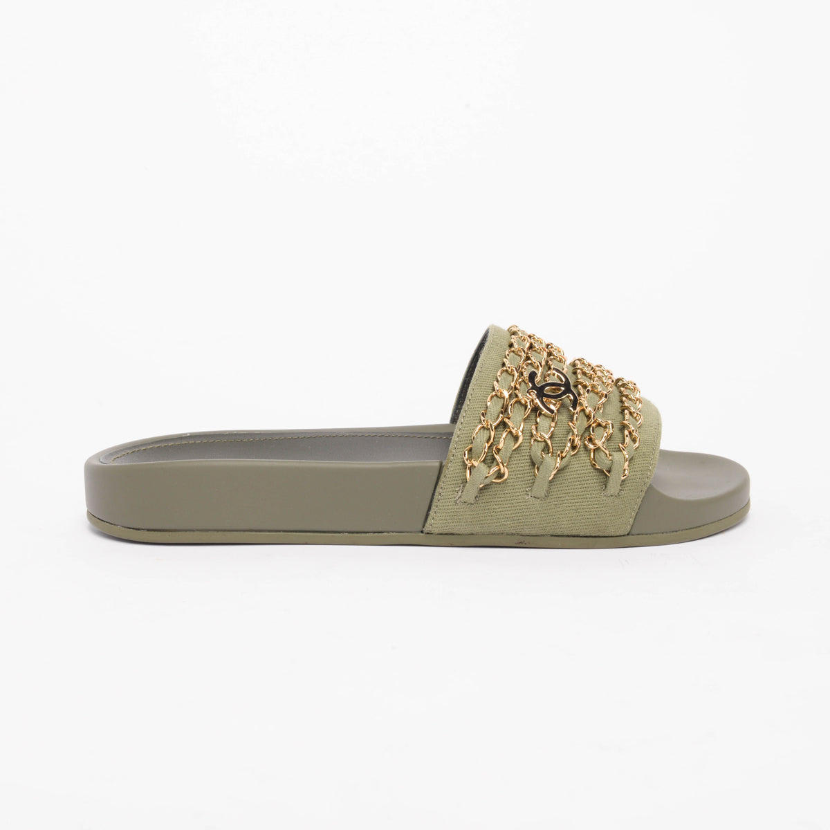 Chanel Khaki Canvas Chain Trim Slides 36