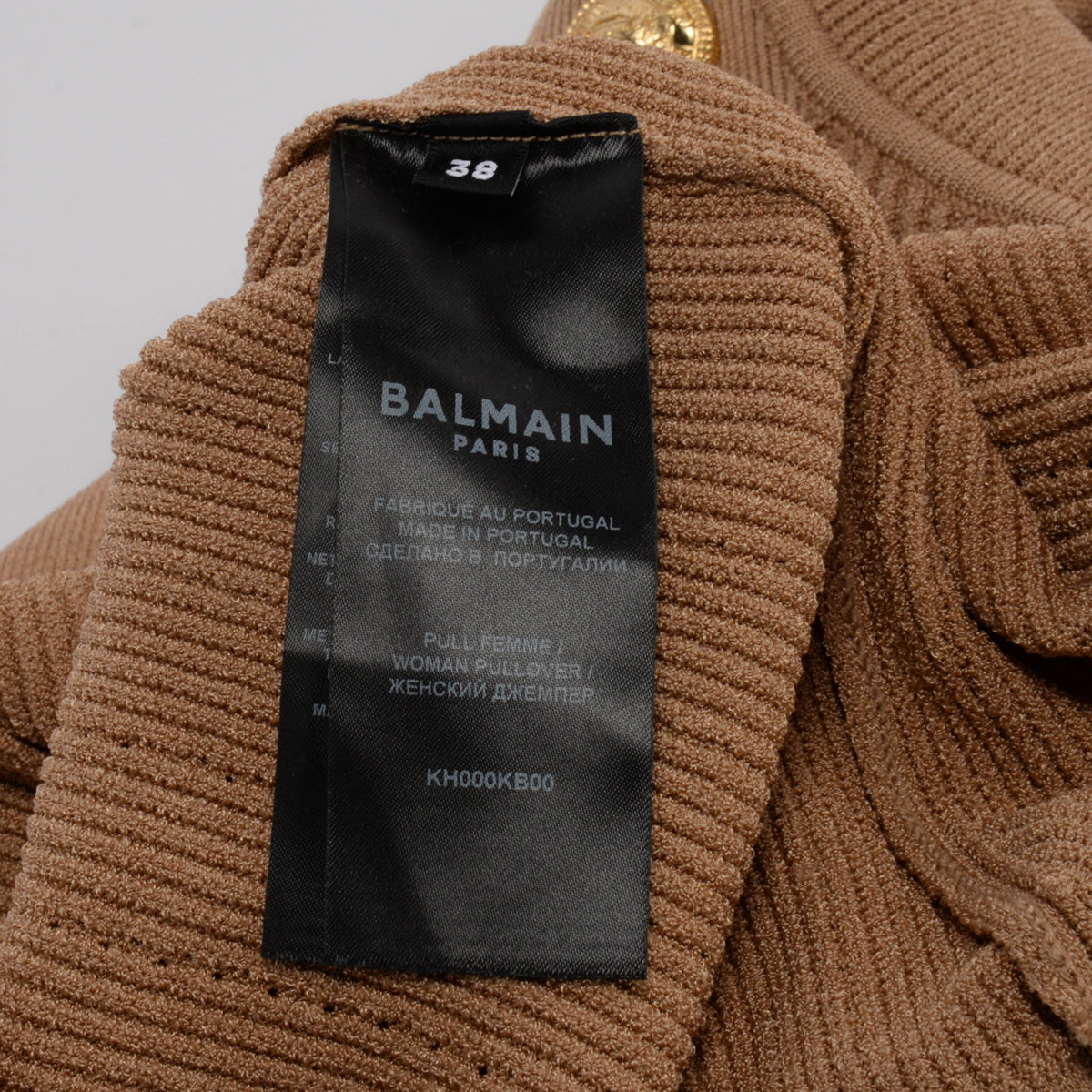 Balmain Bronze Ribbed Structured Shoulder Turtleneck Top FR 38