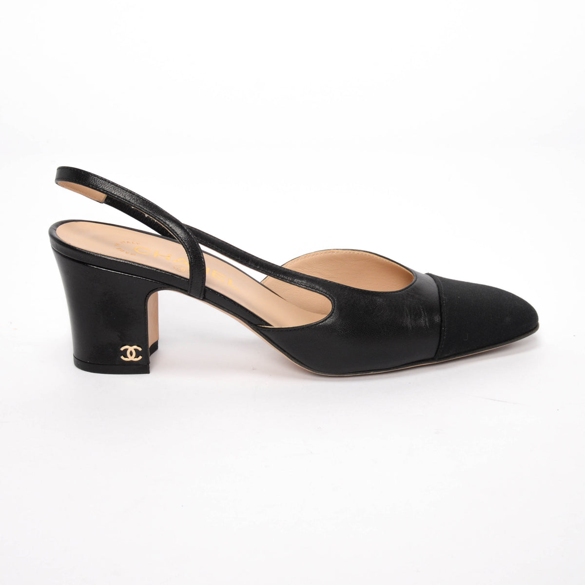 Chanel Black Lambskin & Grosgrain Slingback Pumps 38
