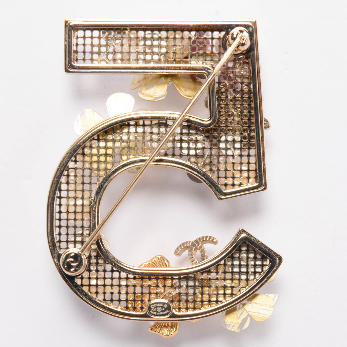 Chanel Light Gold Pearl & Flower Embellished No. 5 Brooch