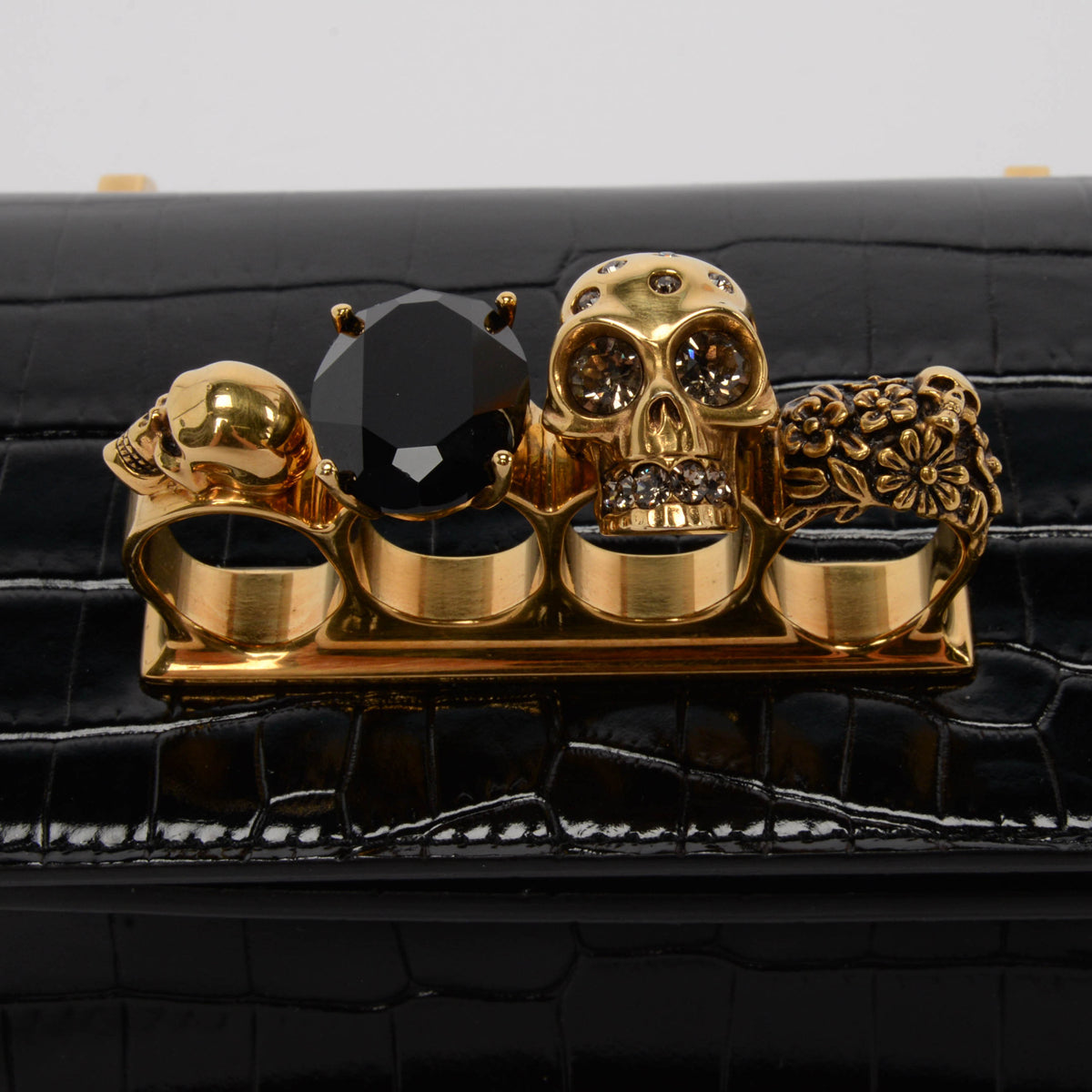 Alexander McQueen Black Croc Embossed Jewelled Skull Satchel Mini Bag