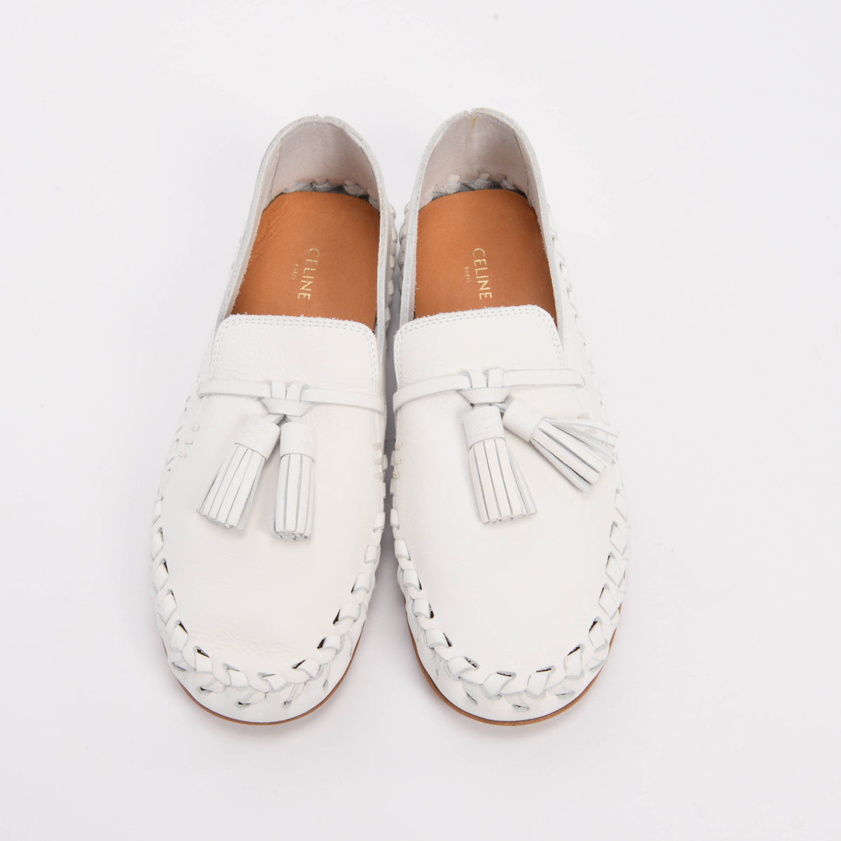 Celine White Calfskin Marlou Tassel Loafers 37