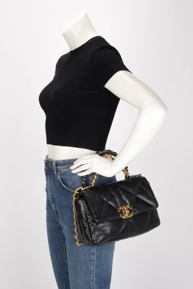 Chanel Black Quilted Goatskin Medium 19 Flap Bag