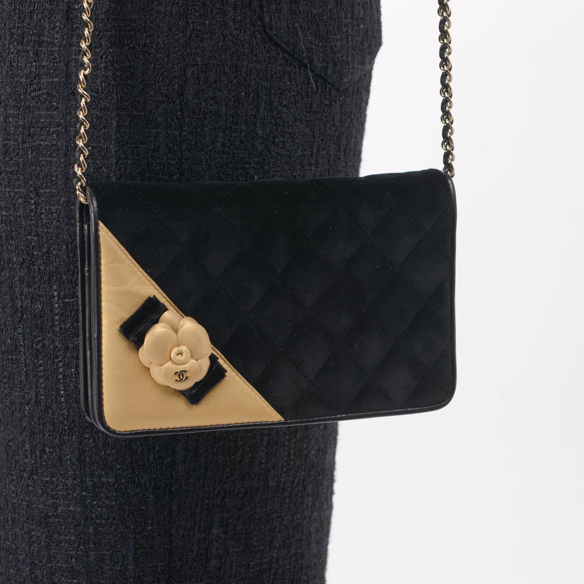 Chanel Black & Gold Velvet Camellia Wallet on Chain