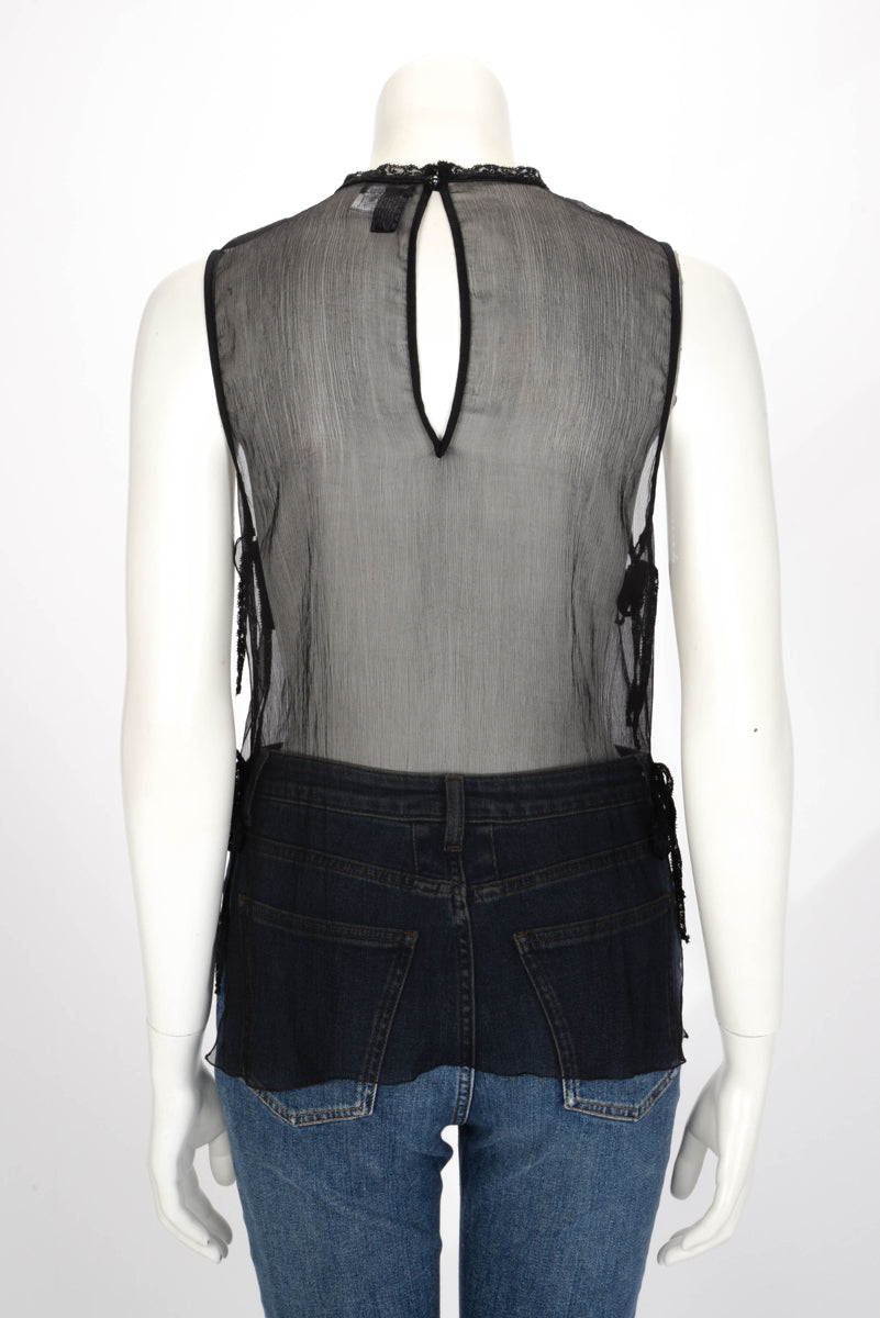 Chanel Black Silk & Lace Tie Side Sleeveless Blouse FR 42