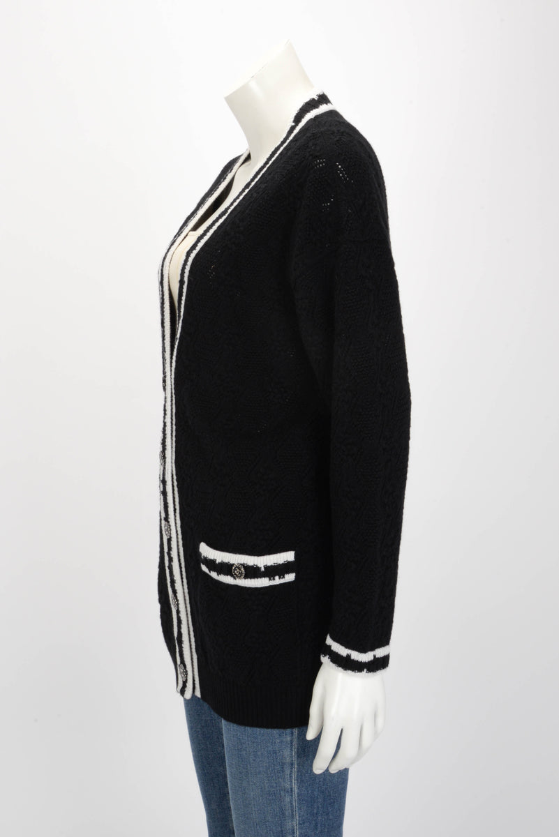 Chanel Black & White Cashmere Knit Striped CC Cardigan FR 38