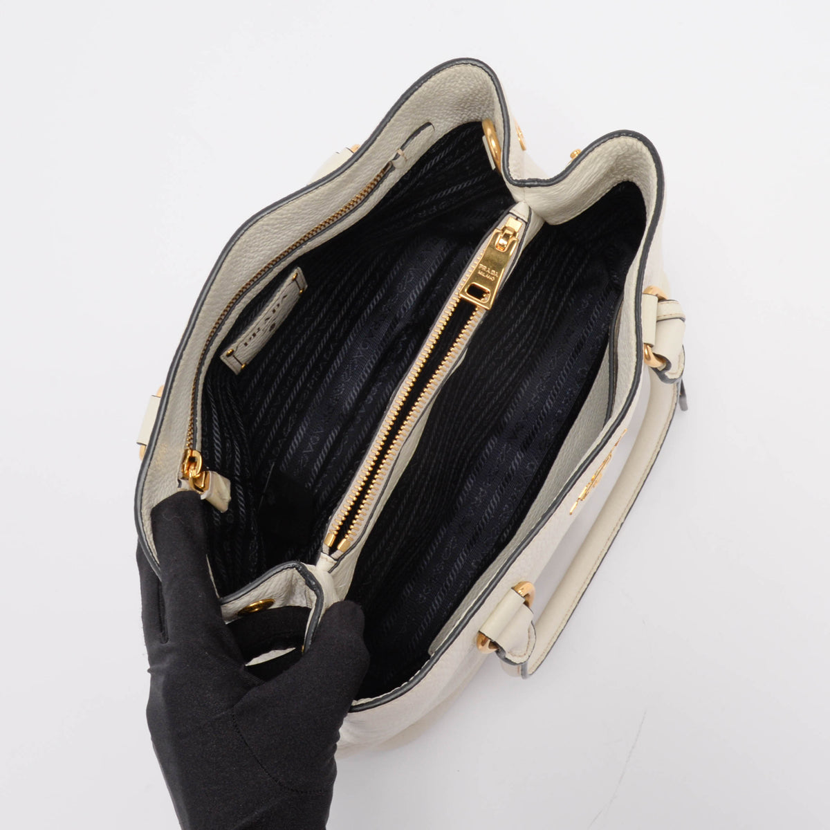 Prada Talco White Vitello Phenix Small Shoulder Bag