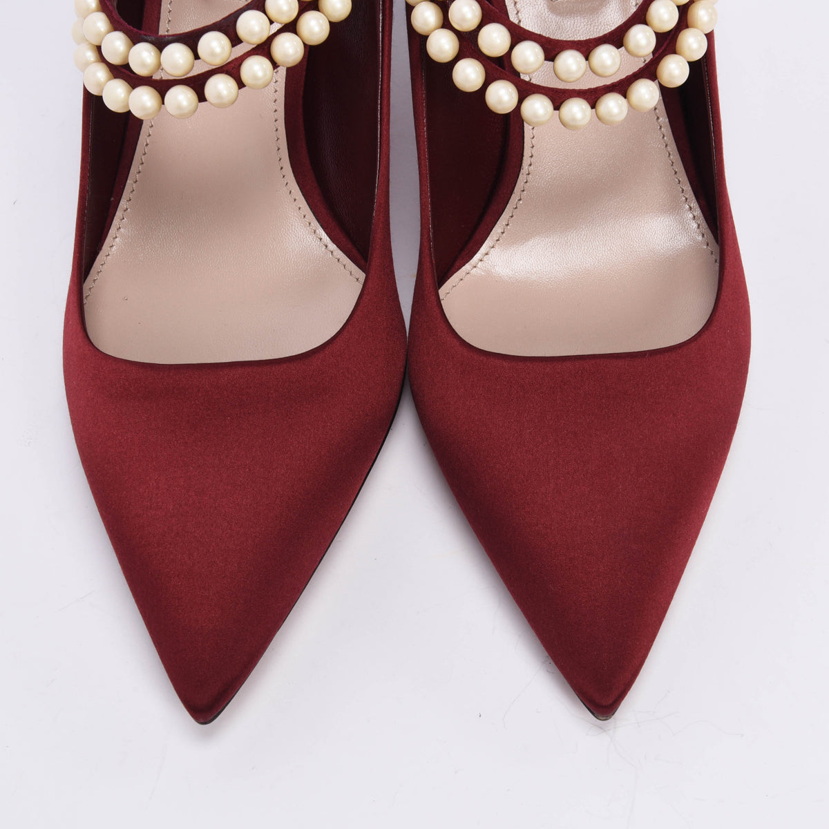 Miu Miu Burgundy Satin Pearl Strap Pumps 41