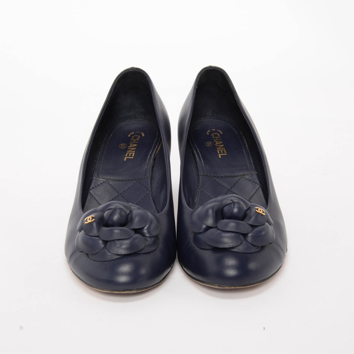 Chanel Navy Lambskin Camellia Pumps 40.5