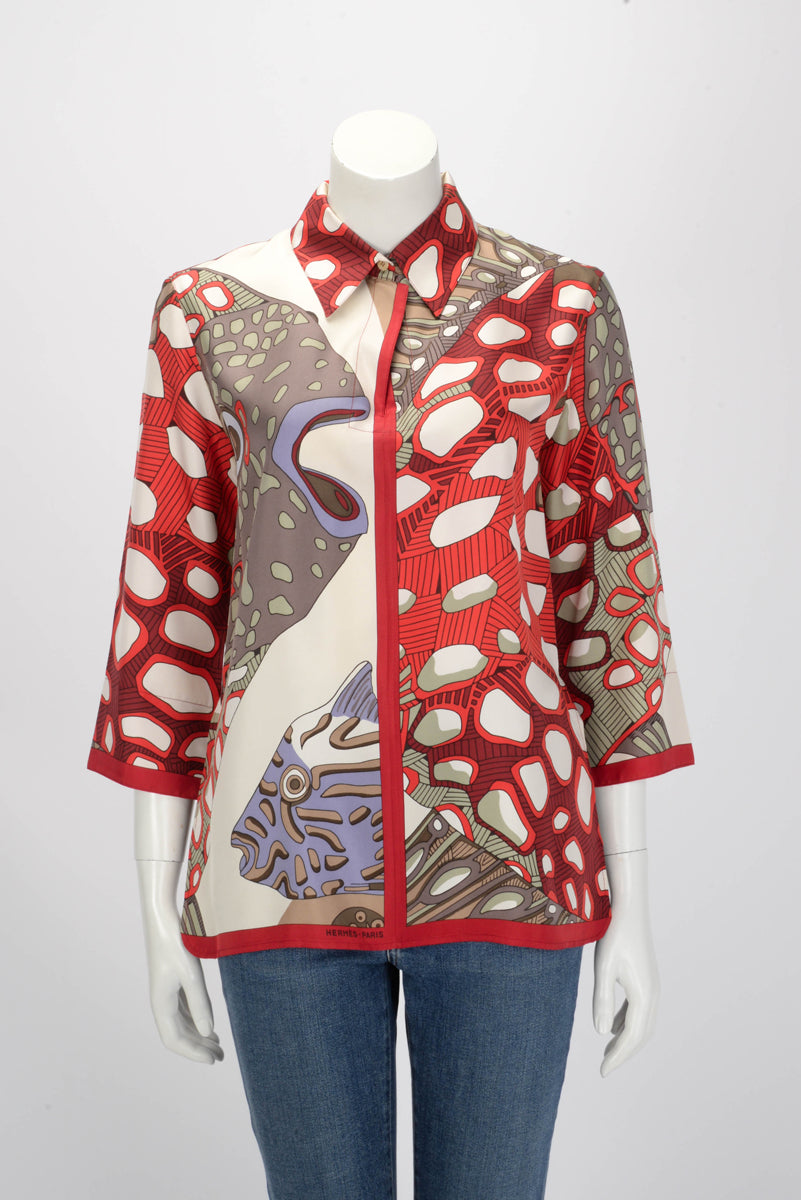 Hermes Red Silk Grands Fonds II Blouse FR 38