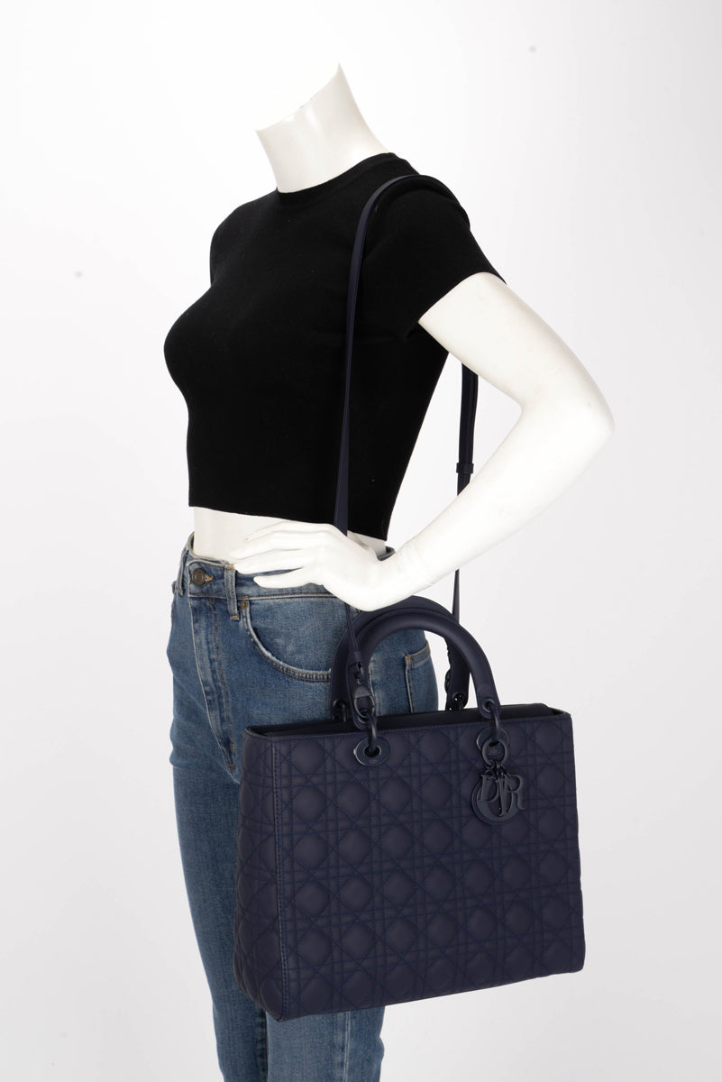 Dior Navy Ultramatte Cannage Calfskin Large Lady Dior Tote