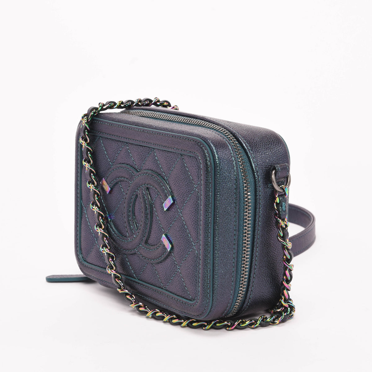 Chanel Dark Turquoise Iridescent Caviar CC Filigree Vanity with Chain