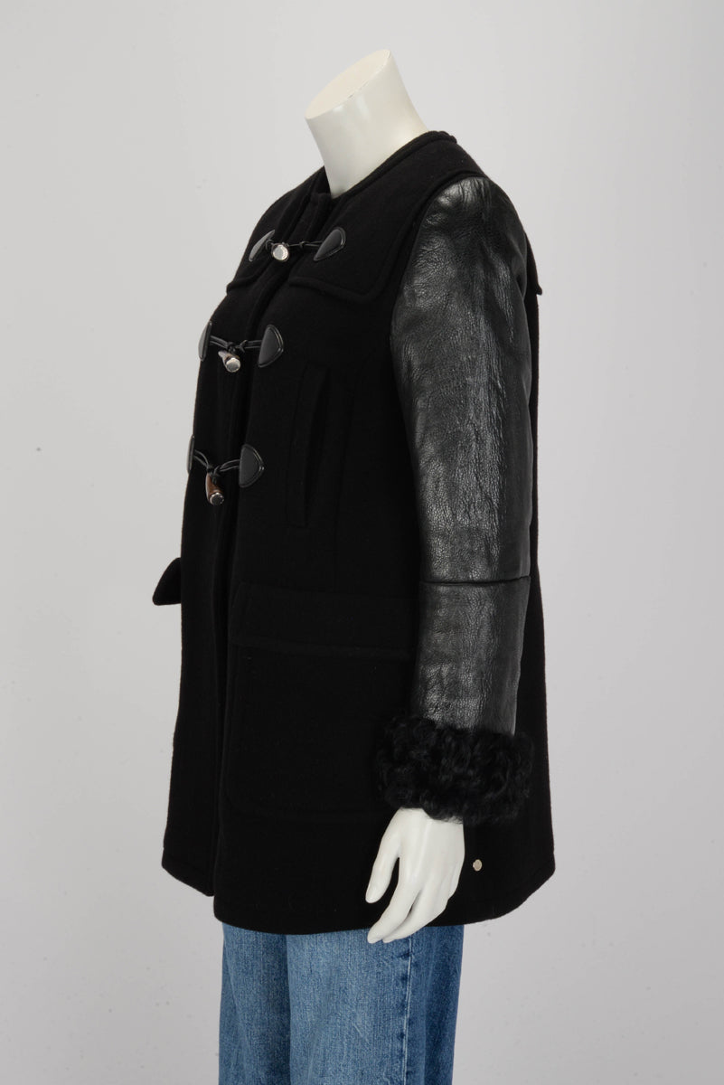 Miu Miu Black Wool Melton Leather Trim Duffle Coat