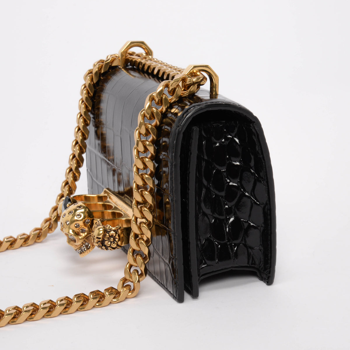 Alexander McQueen Black Croc Embossed Jewelled Skull Satchel Mini Bag
