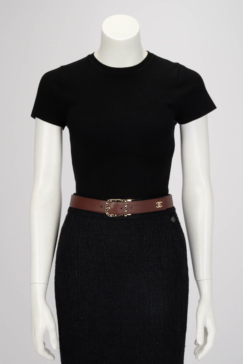 Chanel Black & Burgundy Reversible Leather Chain Buckle Belt