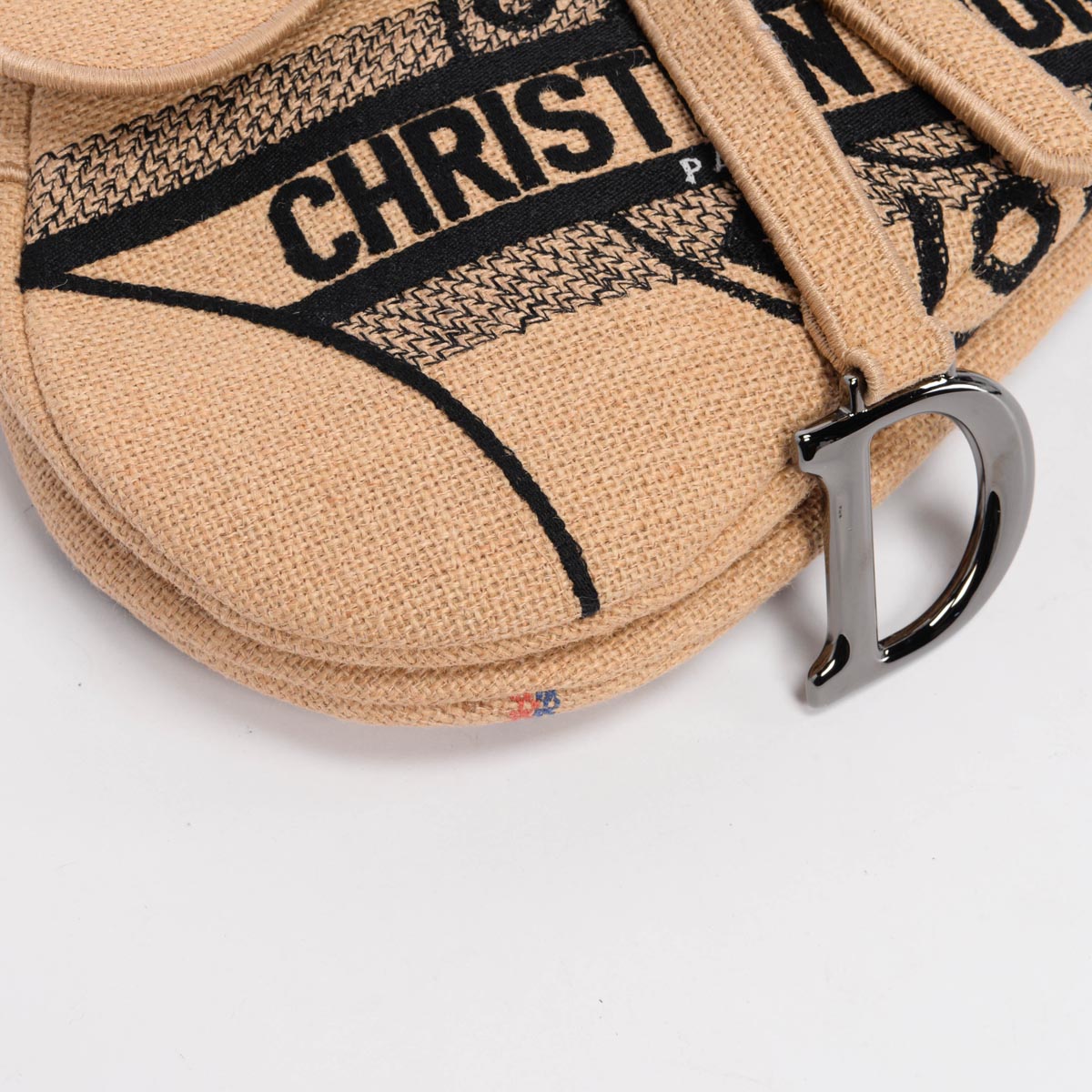 Dior Beige Woven Raffia Embroidered Saddle Bag