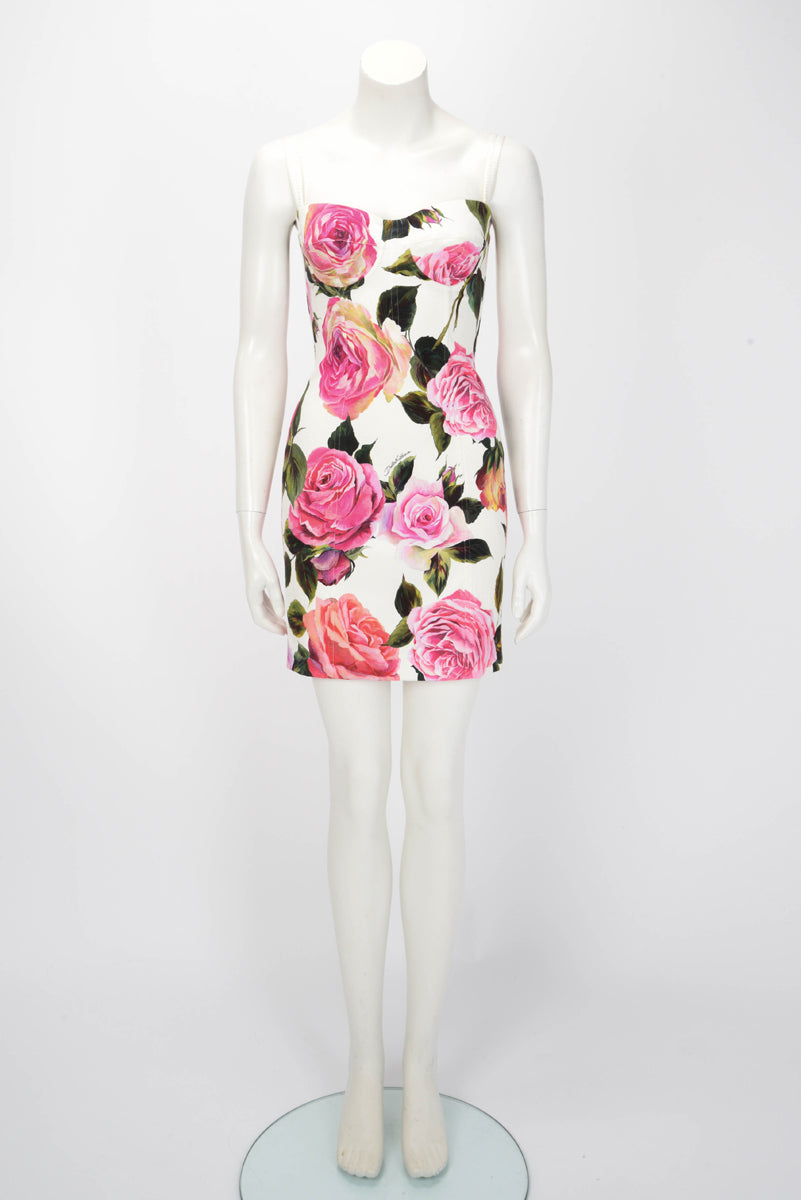 Dolce & Gabbana White Rose Print Mini Dress IT 40