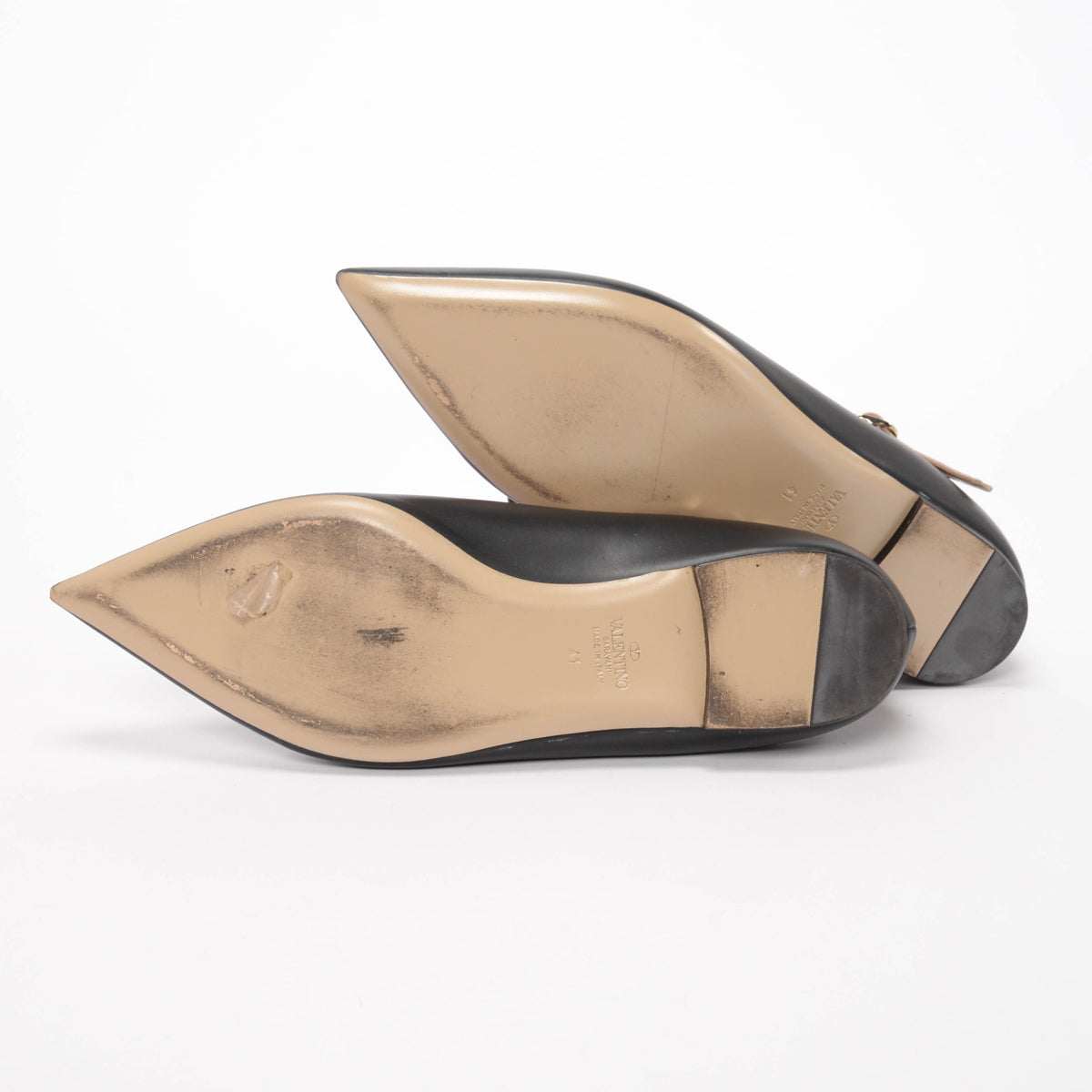 Valentino Black & Poudre Calfskin Rockstud Ankle Strap Ballerina Flats 41