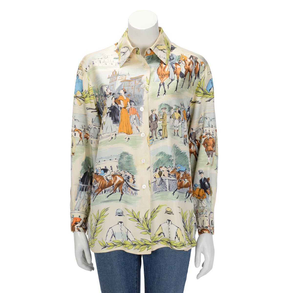 Hermes Ivory Silk Champs de Courses Chantilly Shirt FR 40